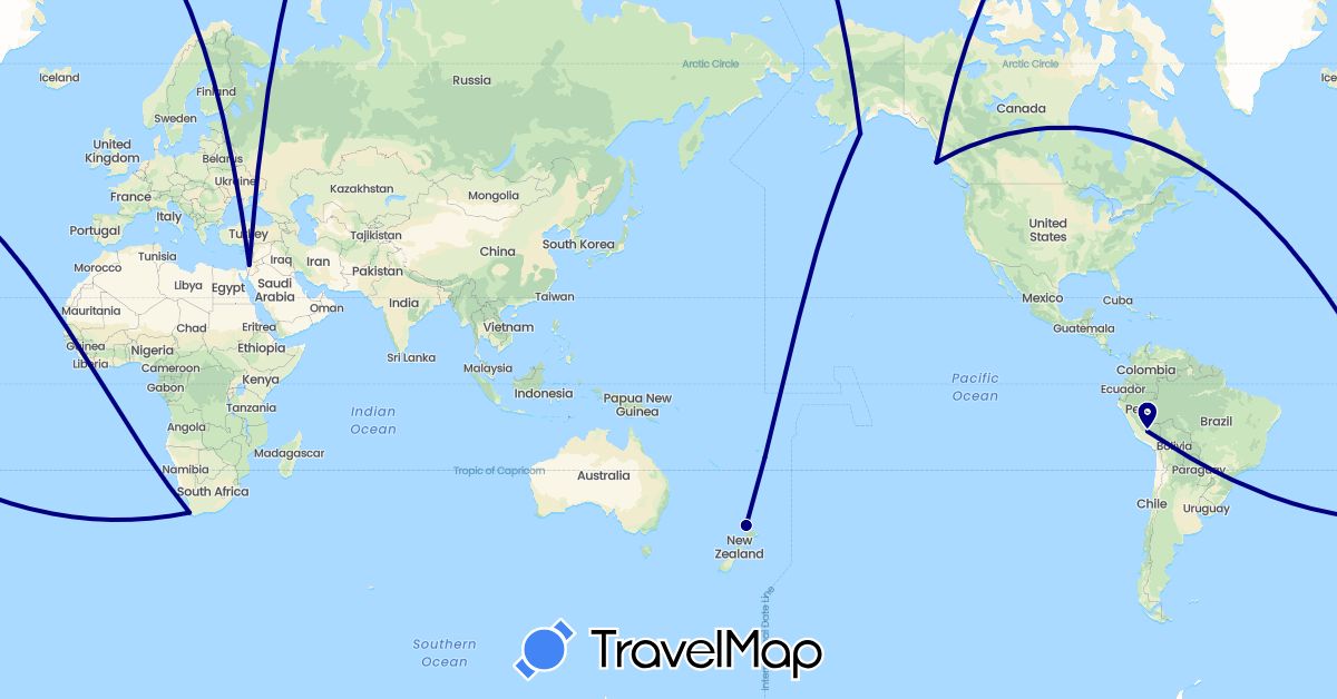 TravelMap itinerary: driving in Canada, Israel, New Zealand, Peru, United States, South Africa (Africa, Asia, North America, Oceania, South America)